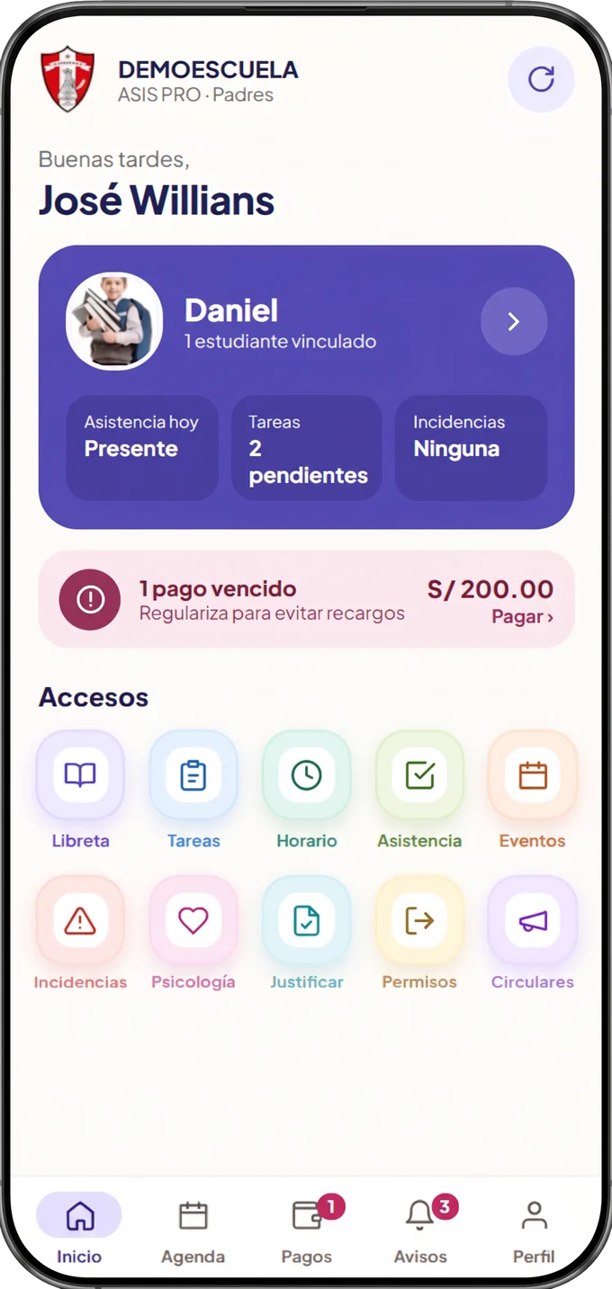 Pantalla de inicio de la app ASIS PRO para apoderados