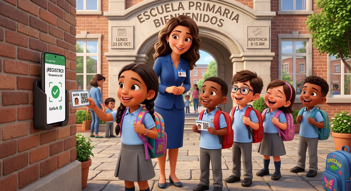 Estudiantes ingresando al colegio y docente registrando la asistencia con QR